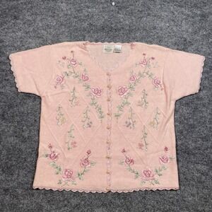 TR Bentley Pink Floral Embroidered Short Sleeve Cardigan Pearl Button Medium